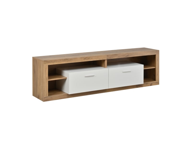 Meuble tv led via app 75 pouces – 180x35,5x50 cm, 2 tiroirs, 4 niches, panneau de particules naturelblanc, 30 kg  - Conforama A