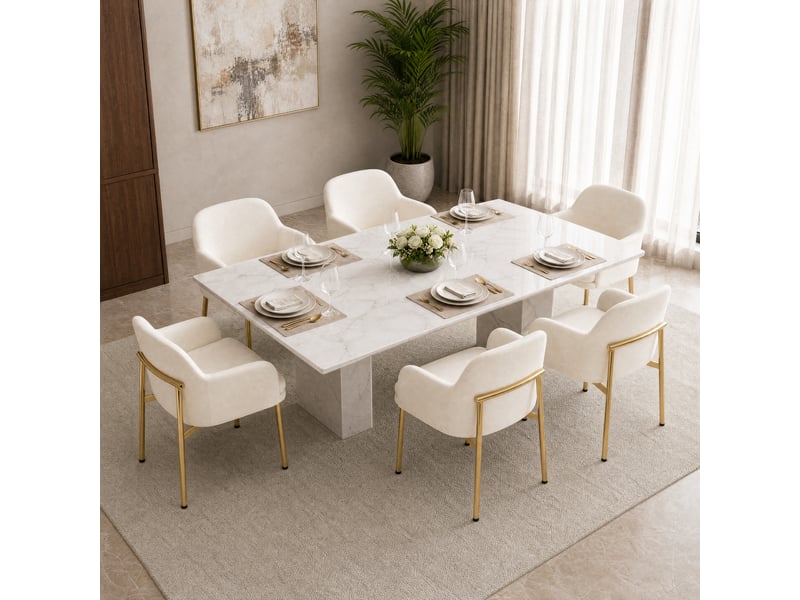 Lot de 6 chaises de salle à manger en polyester blanc avec accoudoirs, dossier ergonomique, pieds métal, patins réglables, charge 125 kg - Conforama B