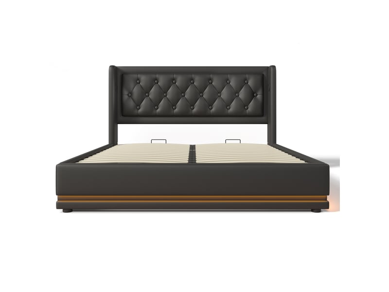  Lit double 160x200 cm en pu noir, coffre hydraulique, tête de lit capitonnée, led 3 côtés et usb type-c  - Conforama D