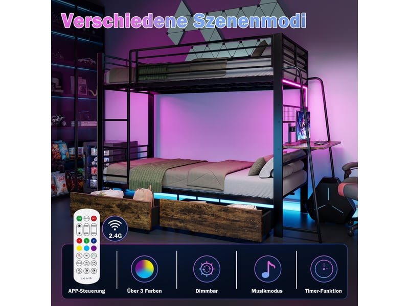 Lit superposé en métal 90x200 cm avec bureau, éclairage led, tiroirs, certifié en747, 250 kg par niveau - Conforama D