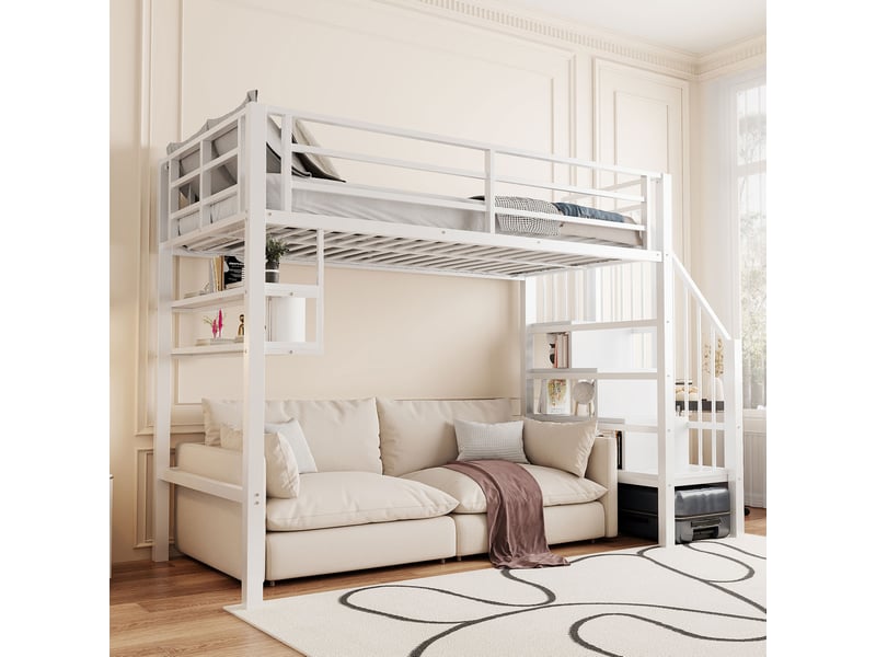 Lit mezzanine enfant 90x200 cm, échelle, rangement, rangements, garde-corps de protection, métal et mdf, blanc sans matelas  - Conforama E