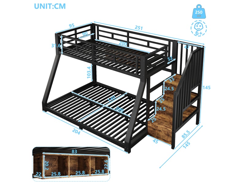  Lit superposé enfant avec led 90x200 +140x200cm, lit mezzanine 2 places lit superposé 2 places, cadre métal noir  - Conforama C