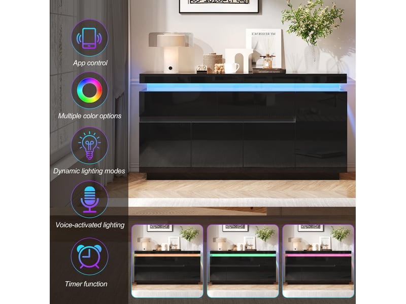 Buffet 140x35x72,5 cm, 2 tiroirs, 4 portes, 10 compartiments, led, réglable brillant, panneaux de particules, noir - Conforama E