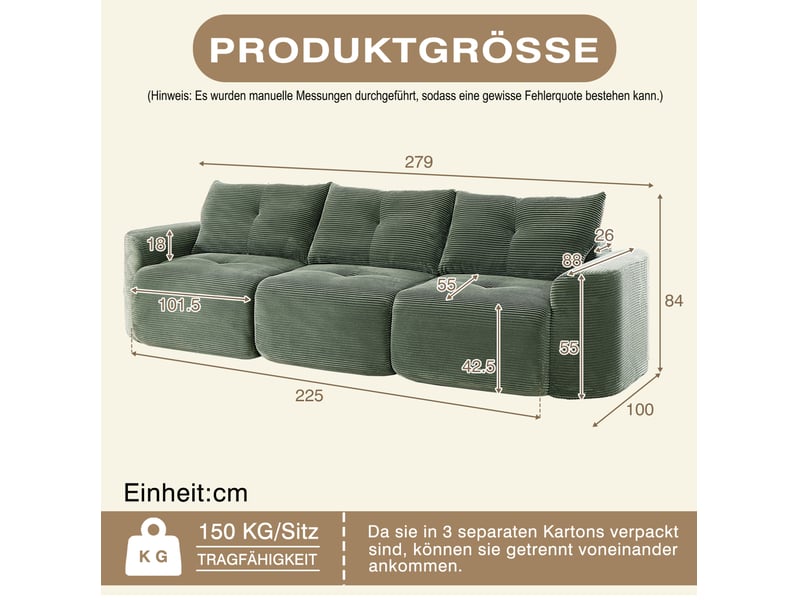  Canapé modulable 3 places 279x100x84 cm – vert sauge – configuration 2+1 avec assise amovible individuelle  - Conforama C