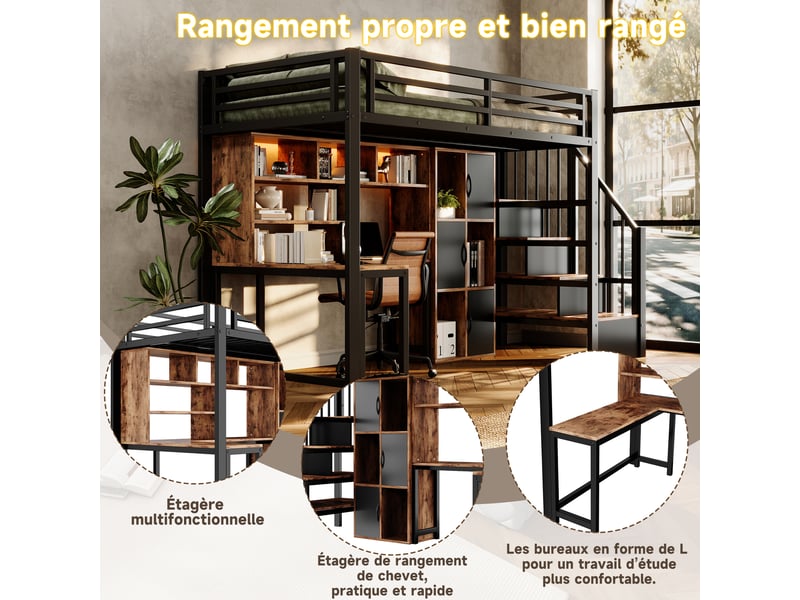  Lit mezzanine 90 x 200 cm avec bureau, led et escalier avec rangement, lit simple en métal noir avec étagères et placards intégrés  - Conforama E