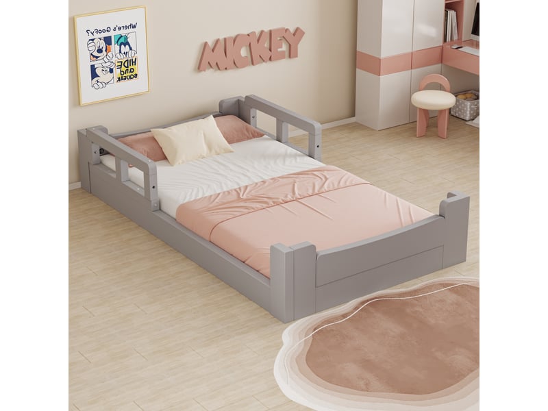  Lit enfant évolutif 90 x 200 cm en bois gris, lit au sol avec barrières de sécurité, sommier à lattes, convertible en lit simple avec banquette  - Conforama C