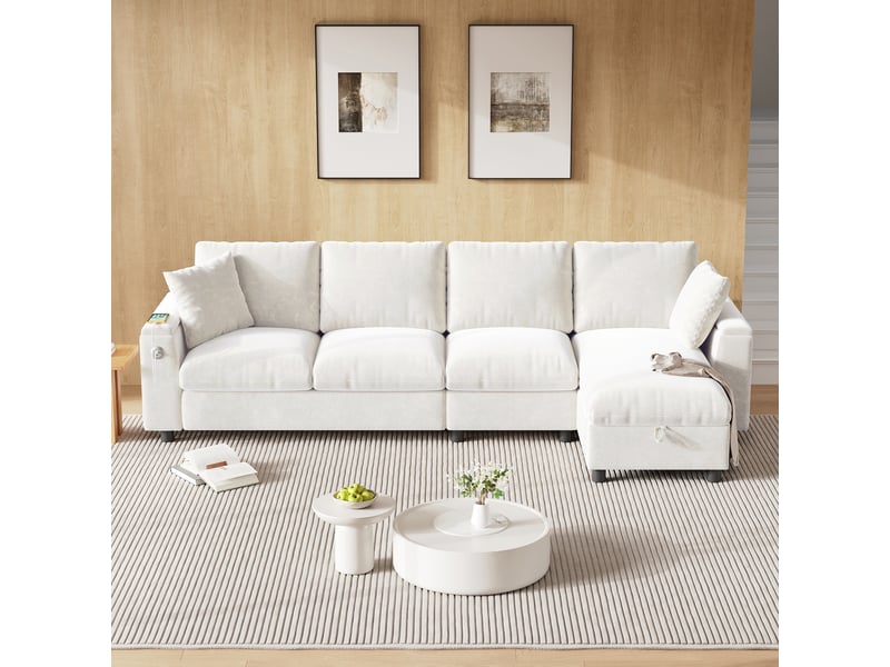  Canapé d'angle, canapé chenille – en tissu chenille, port usb, beige, avec accoudoirs, avec rangement, porte-gobelets  - Conforama D