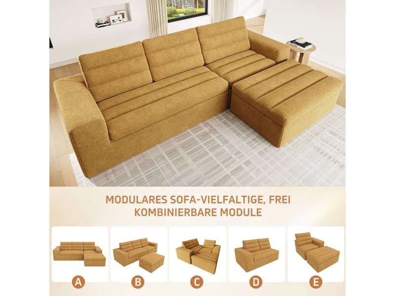  Canapé d'angle modulable 4 places en chenille orange avec pouf  - Conforama D