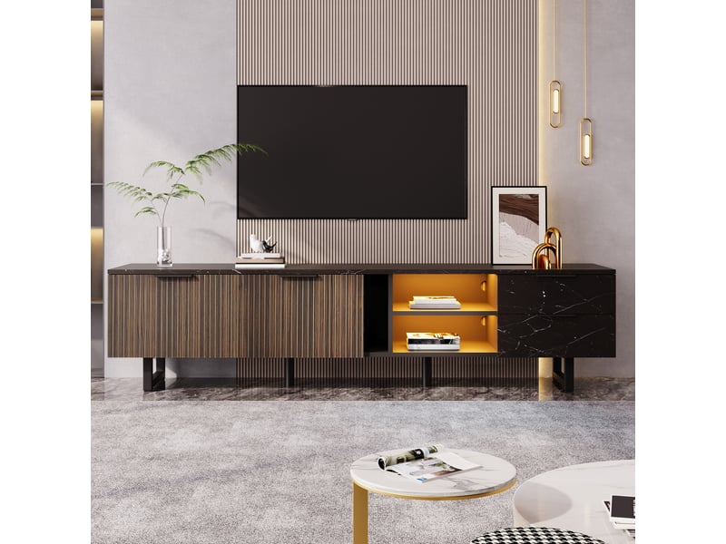  Meuble tv 200 cm avec 2 portes, 2 tiroirs, 2 niches et led multicolore via application, mdf, noir et effet bois Fay Lum - Conforama B