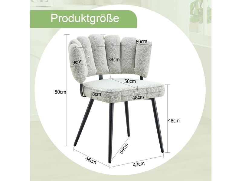  Lot de 2 chaises de salle à manger à dossier fleur en tissu bouclé gris clair et pieds métal noirs  - Conforama E
