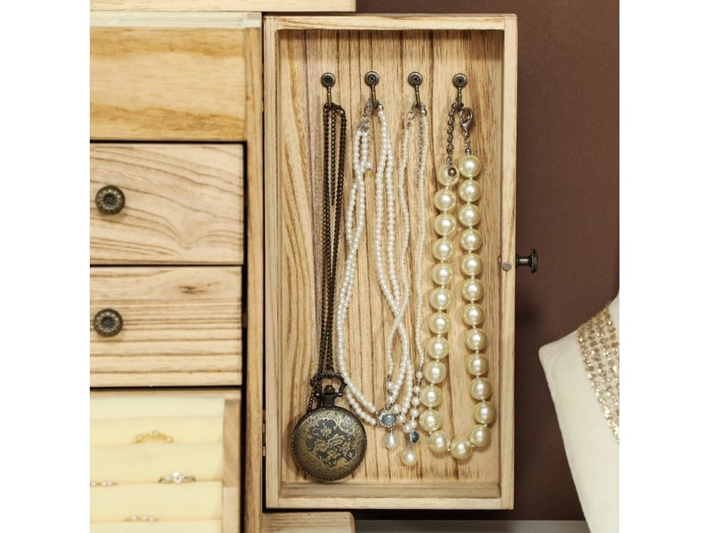  Coffret à bijoux 26,5 x 16 x 33,5 cm marron en bois, 4 niveaux, miroir intégré, 8 crochets pour colliers  - Conforama E