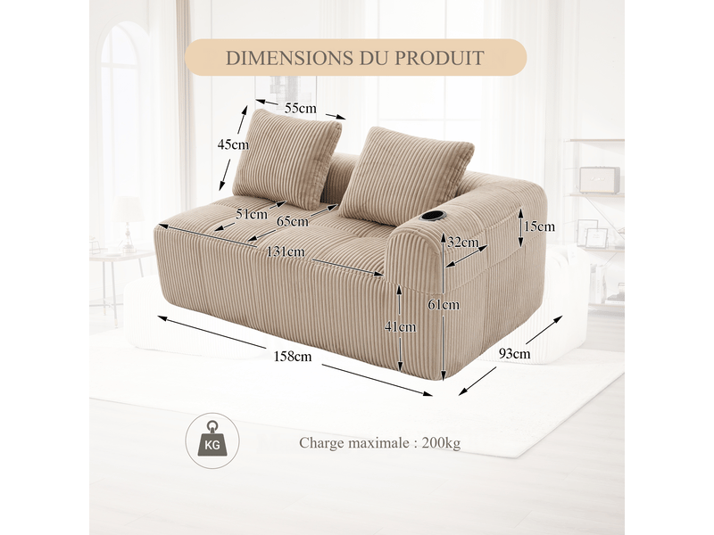Canapé droit 2 places en velours côtelé kaki 158 x 93 x 61 cm, porte-gobelet et poches latérales, salon séjour 158x93x61cm - Conforama C
