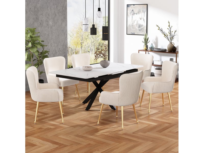 Lot de 4 chaises de salle à manger en velours beige et doré avec accoudoirs  - Conforama C