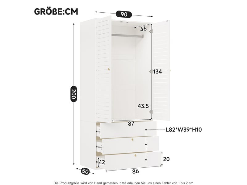  Armoire 2 portes à lamelles avec 3 tiroirs et penderie, 90 x 50 x 200 cm, blanche  - Conforama C