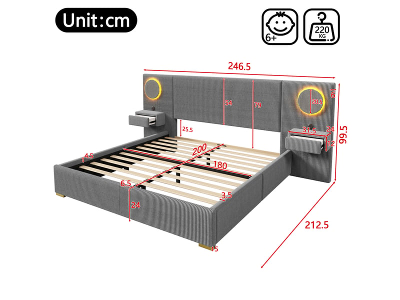  Lit rembourré 180 × 200 cm 2 places avec led réglable, usb et tiroirs, sans matelas, en velours gris  - Conforama D