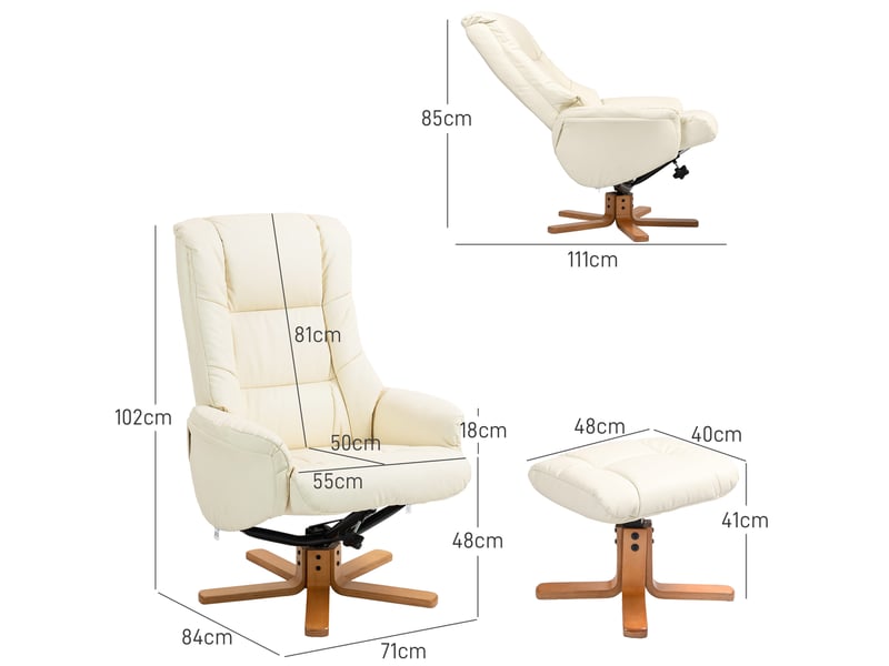  Fauteuil inclinable avec repose-pieds, fonction inclinable, revêtement en similicuir, jusqu'à 150 kg, 71 x 84 x 102 cm, blanc crème  - Conforama E