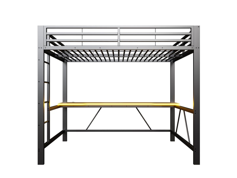  Lit mezzanine gaming 140x200 cm noir, avec bureau, led, usb, rangements, structure métal, sommier inclus, sans matelas  - Conforama E