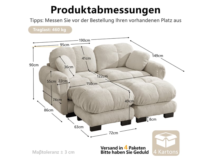  Canapé modulable 2 places modenvie en chenille beige clair 190 x 149 x 90 cm avec ottomane mobile  - Conforama C