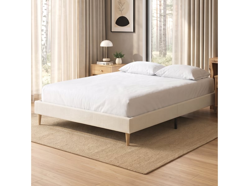  Lit double sommier design scandinave velours côtelé - compatible matelas 190x140cm - beige  - Conforama D