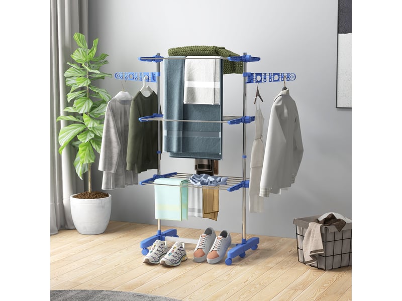 Séchoir à linge vertical à 3 niveaux avec 6 roues, 2 côtés pliables, étagères réglables et structure en acier inoxydable – bleu - Conforama D