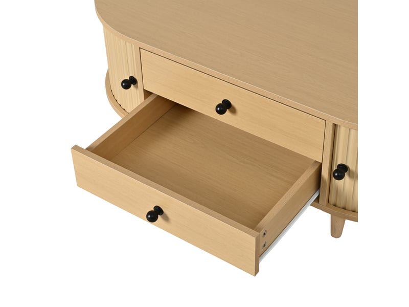  Table basse bois clair avec portes coulissantes et 2 tiroirs, pieds en bois massif, 100x50x36 cm  - Conforama R