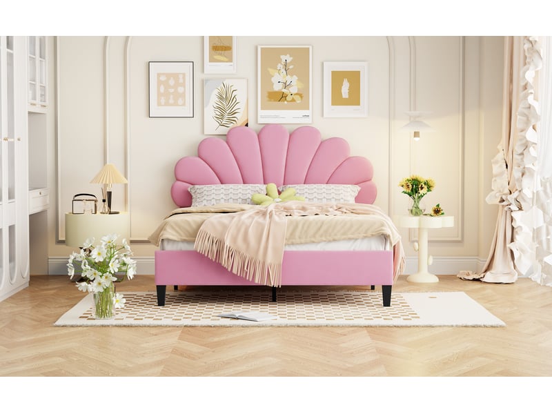  Lit 2 places 140x200 cm, revêtement en velours, coloris rose, tête de lit rembourrée, tête de lit florale, sommier à lattes inclus, montage facile  - Conforama E