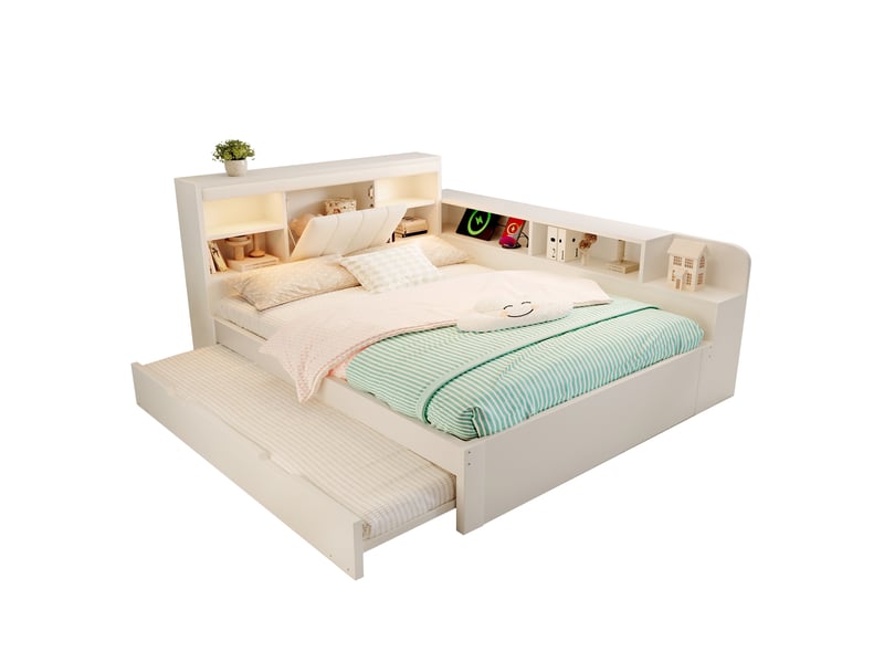  Lit banquette gigogne 140x200cm avec sommier à lattes, liseuses, ports usb, tête de lit en pu et étagères, cadre en bois, sans matelas, blanc evarich - Conforama A