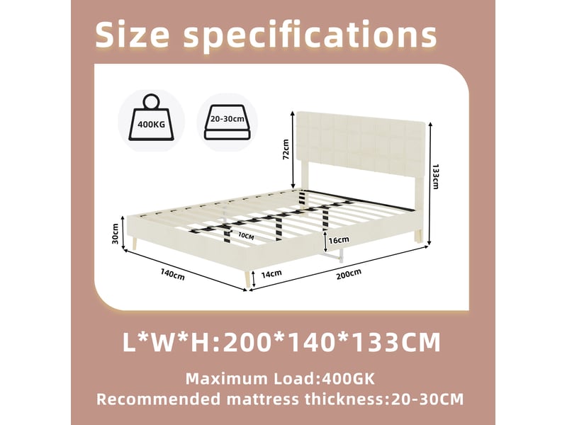  Lit double 140 x 200 cm en velours beige avec tête de lit capitonnée à carreaux  - Conforama C