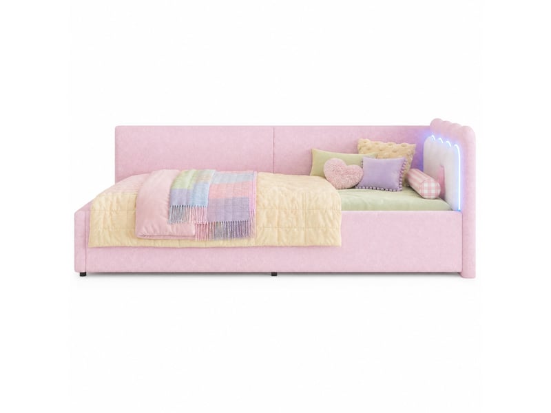  Lit banquette convertible avec sommier à lattes et éclairage led réglable, tête de lit bicolore, velours rose  - Conforama A