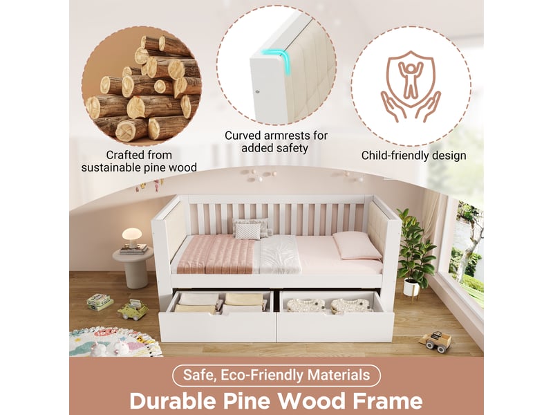  Lit banquette 90x200 cm, 2 tiroirs de rangement, accoudoirs arrondis, dossier confortable, sommier à lattes pour chambre - blanc  - Conforama E