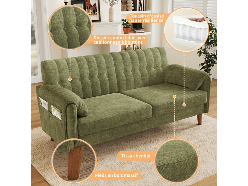 Canapé 2 places 161,5 cm avec assise épaisse et dossier capitonné - poches latérales, coussins - chenille vert - Conforama E