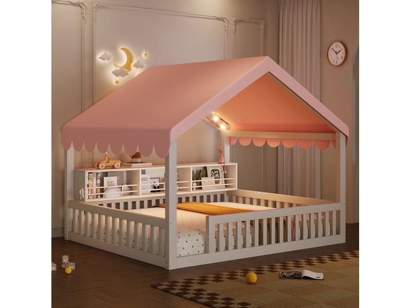  Lit double 140 × 200 cm à baldaquin avec guirlande led, bibliothèque et barrière de sécurité blanc pour chambre enfant  - Conforama D