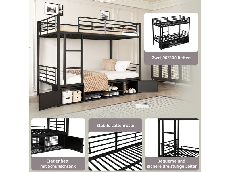  Lit superposé 90x200, structure métal robuste lit superposé enfant, sécurité renforcée, rangement intégré  - Conforama E