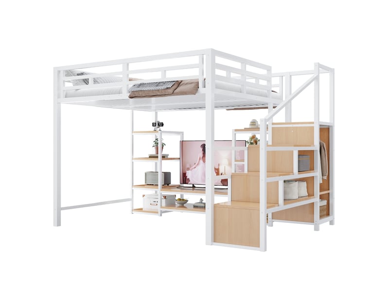  Lit mezzanine 140x200 cm avec rangements intégrés, prises intégrées, échelle ou escalier, structure métal, blanc  - Conforama A
