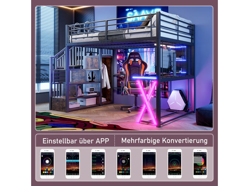  Lit mezzanine 140x200 cm avec éclairage led et bureau, lit double avec échelle de rangement et armoire, noir  - Conforama C