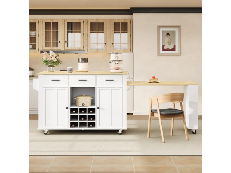  Île de cuisine mobile – plan de travail extensible, chariot 3 tiroirs, range-bouteilles, usb, 7 roues, blanc-chêne  - Conforama D