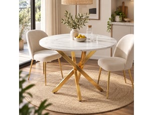 Table de séjour ronde 80 x 80 x 75 cm, plateau effet marbre blanc, pieds dorés, utilisable en table basse ou d’appoint, style moderne
