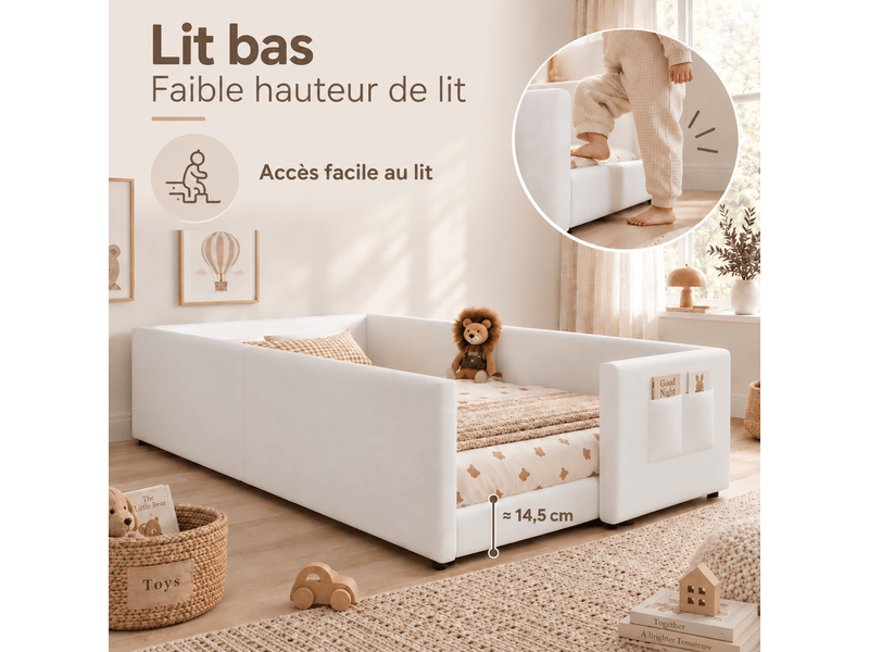  Lit enfant au sol 90x200cm, cadre rembourré sur 4 côtés, poche latérale et sommier à lattes, velours, blanc OMNIGLINT TRADING LTD - Conforama E