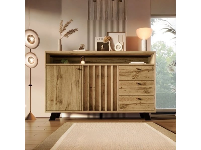  Commode à 3 tiroirs et 2 portes, 120 x 40 x 85 cm, portes à lattes et niche ouverte, effet chêne foncé  - Conforama D