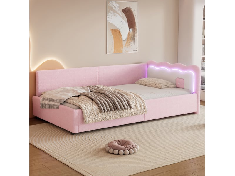  Lit banquette 90x200 cm avec éclairage d’ambiance led, sommier à lattes, vliesimitat+mdf, rose, sans matelas  - Conforama B