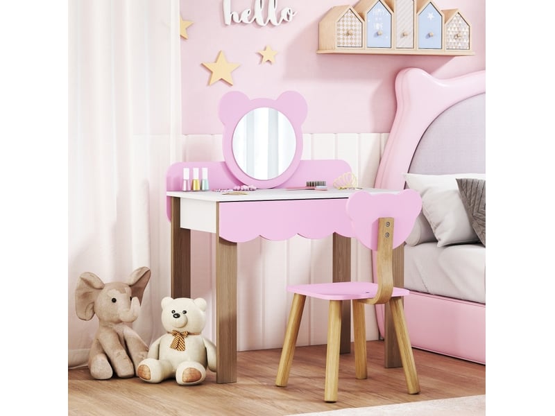  Coiffeuse enfant avec tabouret 68 x 35 x 86 cm – rose – miroir acrylique et rangement  - Conforama B
