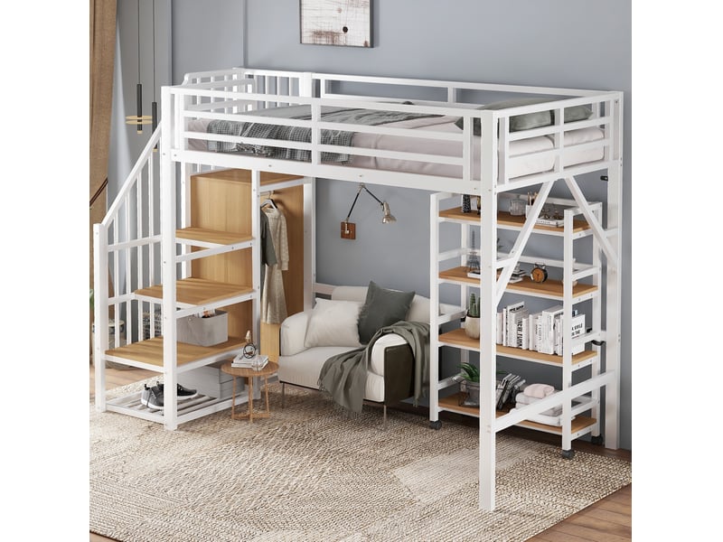 Lit mezzanine 90x200 armoire tringle meuble 4 niveaux roulant garde-corps sommier métal mdf blanc naturel sans matelas - Conforama B