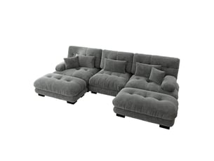 Canapé panoramique, transformable en lit, avec pouf, assise extra profonde, en tissu chenille, coloris gris, l313 x p145 x h81 cm