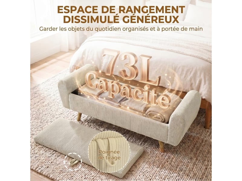  Banc coffre beige 150 cm avec accoudoirs enroulés, rangement bout de lit  - Conforama E