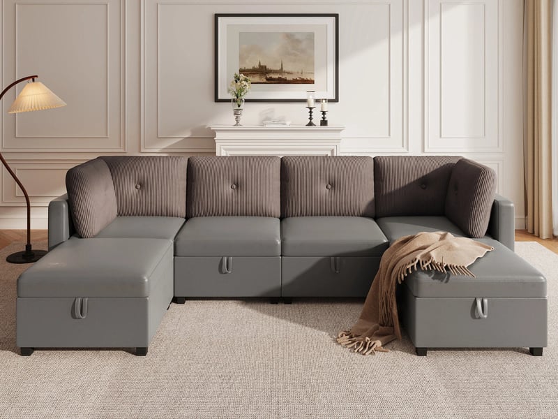 Canapé d'angle convertible,6 places, avec rangement,velours ,261 x 132 x 85 cm,gris - Conforama B