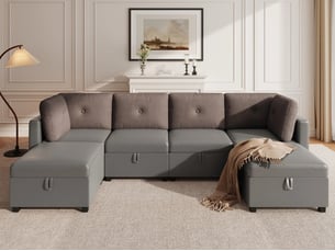 Canapé d'angle réversible convertible <strong>BGSRYAO</strong> <strong></strong> 6 places Velours gris avec coffre de rangement