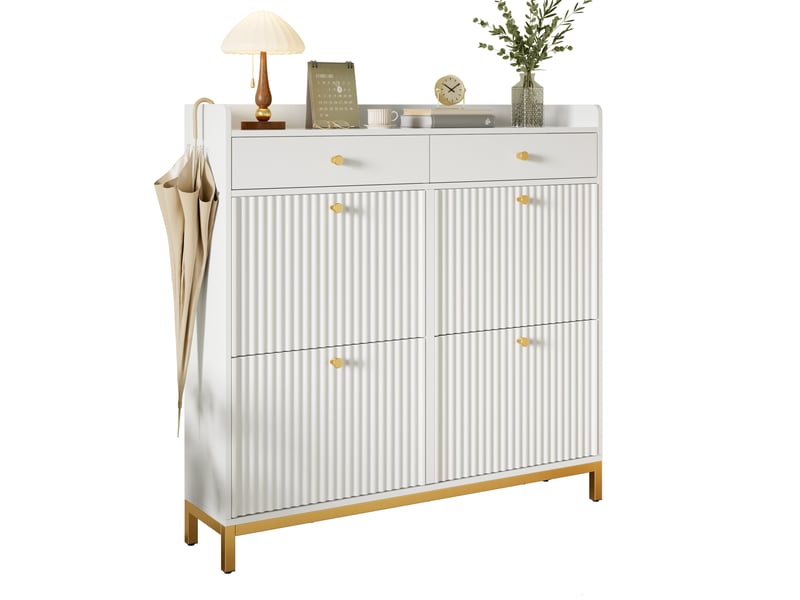  Meuble à chaussures 4 abattants et 2 tiroirs, blanc, 106,5 x 25 x 107 cm  - Conforama A