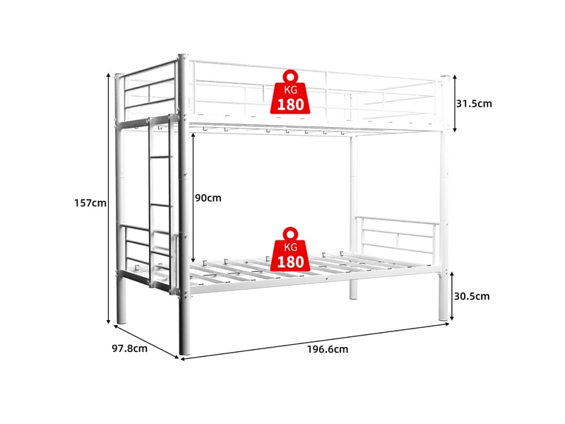 Lit superposé convertible 90x190 cm - lit enfant avec échelle et garde-corps, structure en fer - sans matelas - blanc  - Conforama D