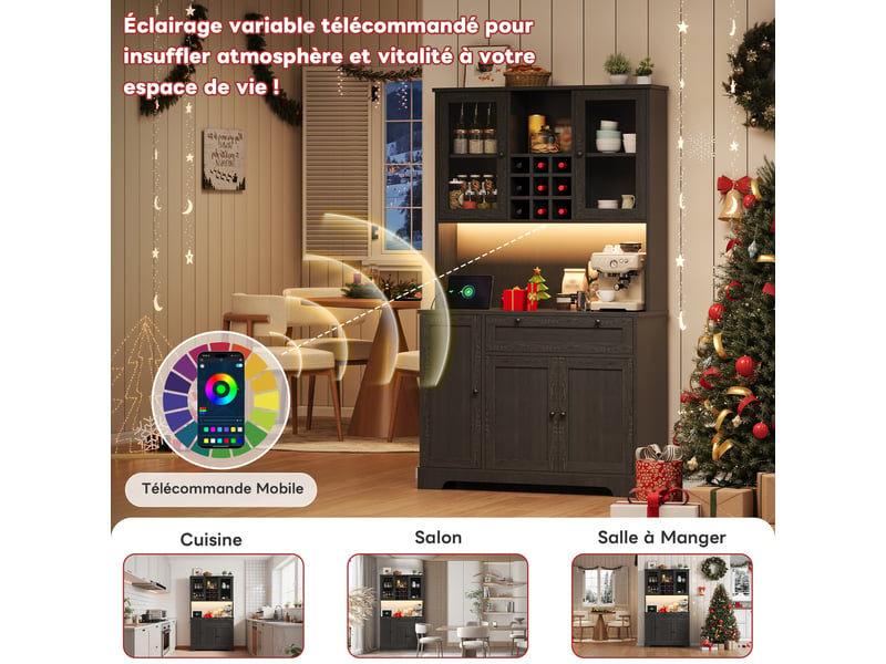 Meuble de cuisine muvano noir avec éclairage multicolore, prise électrique et rangement 105 × 40 × 180 cm - Conforama E