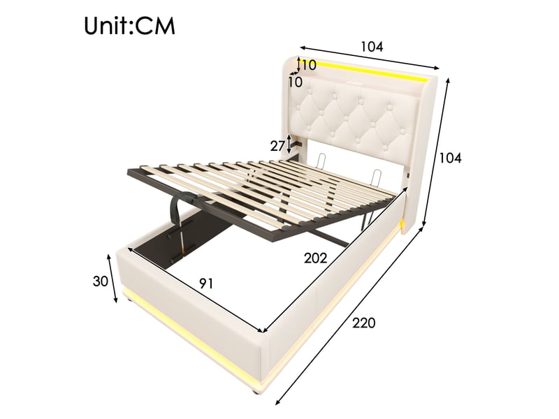  Modenvie lit coffre 90x200 cm - led 360, usb et usb-c, avec matelas inclus - blanc  - Conforama C